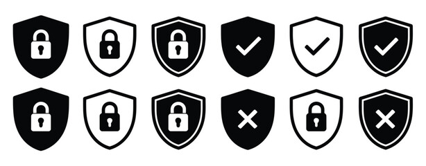 Lock and unlock vector icon set with tick, cross, and shield security symbols, outline and solid styles, black and white design, illustrating privacy