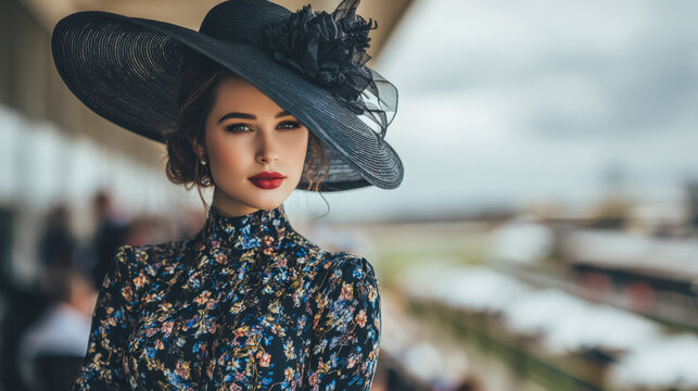Elegant woman wearing black hat watching horse racing