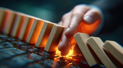 conceptual Finger nudging a row of wooden dominoes initiating a chain reaction with fiery sparks below conceptual marketing visual content