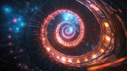 An abstract spiral staircase that seems to lead toward the starry cosmos above AI Generative