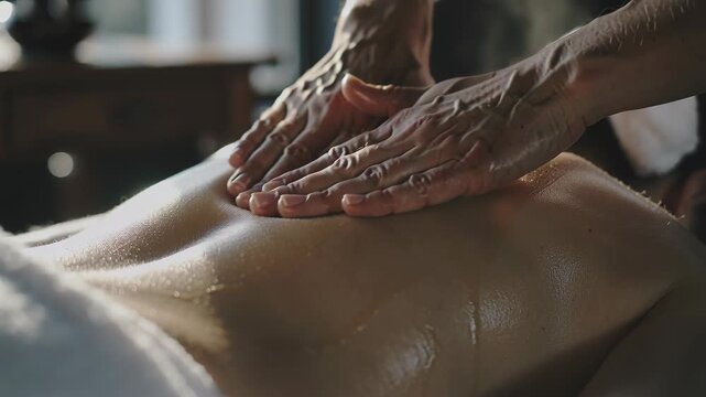 Woman getting a relaxing full back massage at a spa, wellness and self care concept