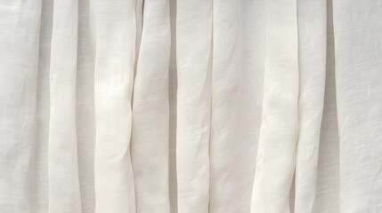 Sunlight filters through elegant ivory linen curtains, highlighting vertical folds and delicate lace ruffles that sway gently, creating a serene, airy atmosphere within a peaceful, minimalist interior