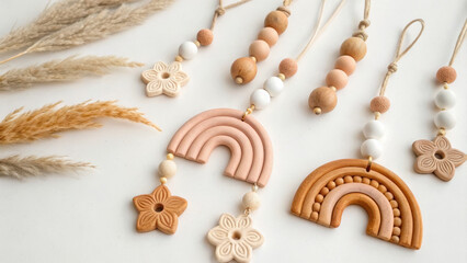 Handcrafted boho elements. Handcrafted clay charms and boho ornaments with rainbow and floral designs create warm, artistic vibe
