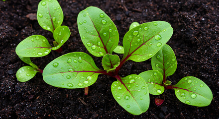 Young green plants with water droplets on leaves in dark soil