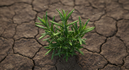 Green rosemary plant with water droplets on dry cracked earth