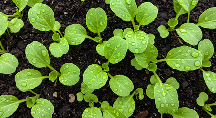 Close up of green seedlings with water droplets in dark soil