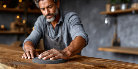 A craftsman in his own workshop performs the finishing touches on a solid wood countertop, specialist is focused on the work, custom furniture manufacturing