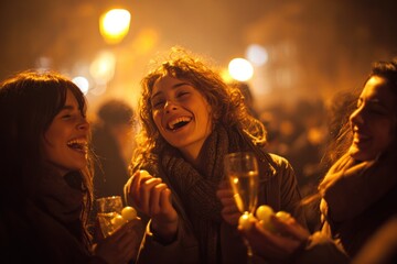 Friends celebrating New Year&rsquo;s Eve in Madrid, laughing and eating grapes at midnight, festive mood.