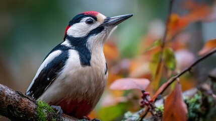 Obraz premium Great Spotted Woodpecker Perched on Mossy Branch in Autumn Forest