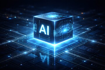A floating 3D cube labeled “AI” hovering above a futuristic digital grid. The cube emits cool blue light with holographic circuit patterns wrapping around its faces.