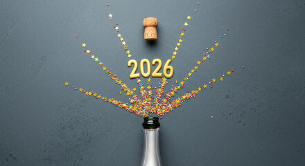 Flat lay with bottle, cork, golden 2026 numbers, colorful sprinkles and stars on gray background, representing a celebration of new year or upcoming event
