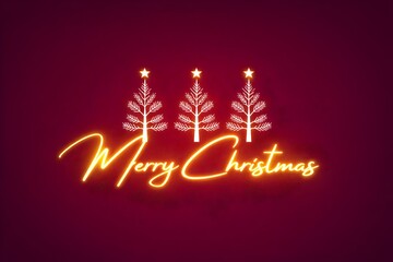 Deep burgundy background with three minimalist white Christmas trees aligned horizontally. Below them, glowing neon-gold handwritten “Merry Christmas” typography.