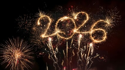 New Year Celebration, Fireworks Display, City Skyline, Night Sky, Festive Environment, Aerial View, 2026 Countdown Spirit