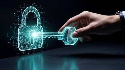 Digital Lock and Key Security Concept with Glowing Network Overlay.