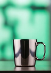 Sleek stainless steel mug against a soft, glowing green backdrop