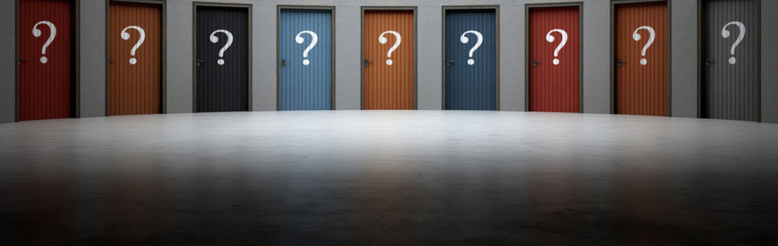 Multiple colorful doors facing a concrete room, each with a question mark, representing choices and unknown paths ahead