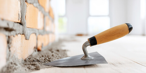 Masonry trowel lying on wet cement, a symbol of building and renovation progress in a new indoor space