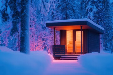 Cozy wooden cabin illuminated in warm hues amidst a snowy forest landscape at dusk