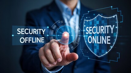 Businessman activating online security by pressing a digital shield icon offline