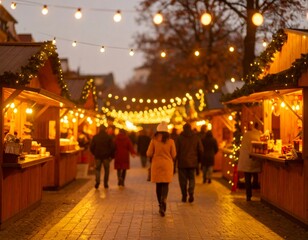 A bustling Christmas market at dusk with stalls and shoppers under twinkling string lights