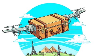 Vintage Suitcase Flying Over Landmarks Worldwide.