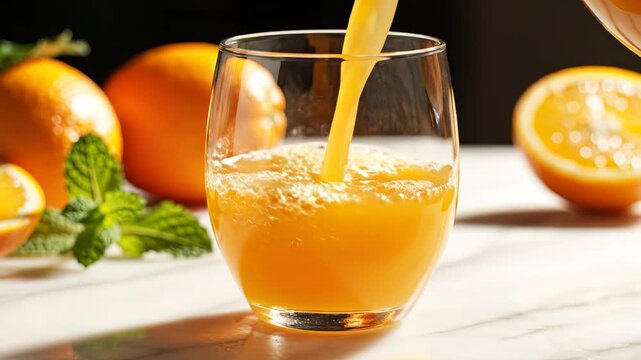 Orange juice being poured into glass