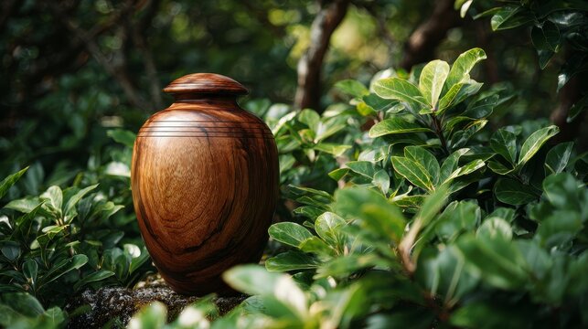A wooden urn rests amongst lush green foliage, showcasing intricate wood grain and a serene, natural backdrop. The focus is on the object and its connection to nature