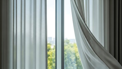 Soft filtered sunlight dapples through flowing window curtains indoors