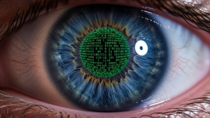 Close-up of a Human Eye with a Digital Circuit Board Iris.