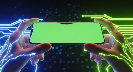 Hands Holding Smartphone with Green Screen Amidst Digital Circuitry.