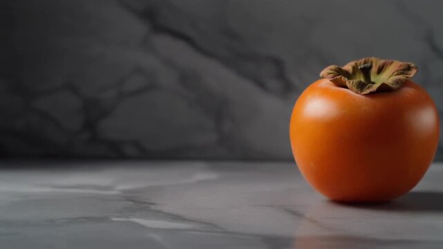 Vibrant orange persimmon fruit perfectly ripe and ready for consumption, elegantly displayed on a polished marble surface with subtle lighting, creating a serene and appetizing still life