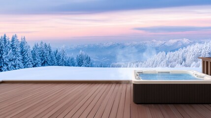 Elegant hot tub on a snowy deck overlooking majestic mountains at sunset