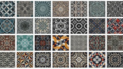 Aesthetic collection of diverse geometric patterns and abstract designs, showcasing intricate details and symmetrical motifs in a grid layout.