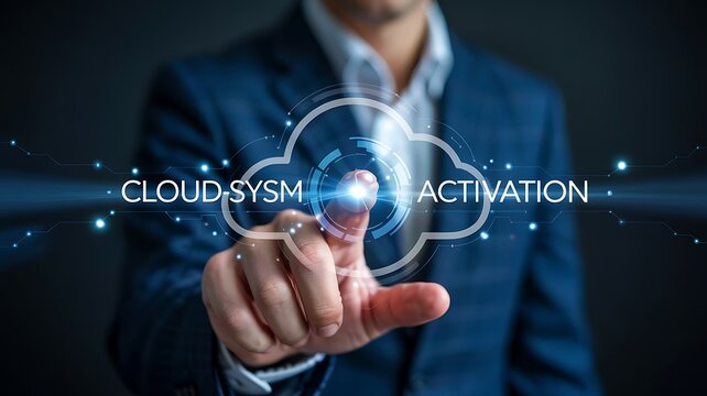 Businessman touching cloud system activation interface with glowing lights image - Powered by Adobe