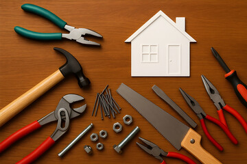 Home construction and repair concept featuring various work tools, including a hammer, saw, and pliers, surrounding a white miniature model house on a wooden background. DIY project.