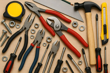 Overhead flat lay of essential work tools: pliers, hammer, screwdrivers, tape measure, and hardware on a wooden table.