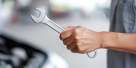 Mechanic hand holding wrench for car service and automotive repair, working on vehicle maintenance