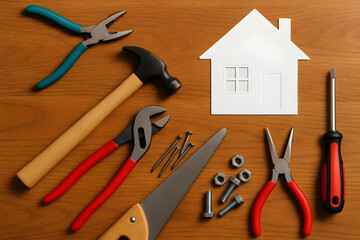 DIY home renovation concept with model house and essential hand tools like hammer, saw, pliers, and screwdriver on a wooden background.