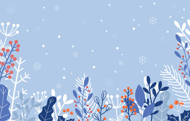 Detailed winter illustration featuring a variety of seasonal plants, leaves, and berries at the bottom with a clear sky for text. Ideal for banners and posters.
