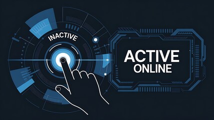Finger activating an online status on a futuristic digital interface with inactive and active modes