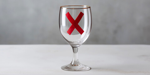 Empty wine glass with red cross mark symbolizing alcohol prohibition, abstinence, health, and stop drinking concept