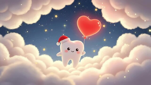 Cute tooth cartoon character with Santa hat holding red heart balloon. Christmas dental health or Tooth Fairy concept for postcard.