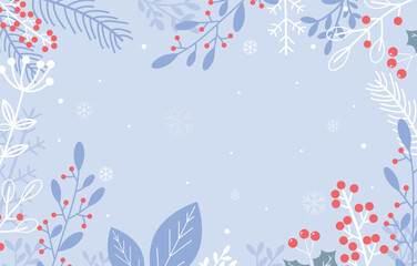 A light and elegant winter background with delicate leaf silhouettes and red berries around the edges. Clean design for professional seasonal branding.