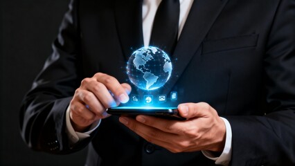 Businessman using smartphone with digital globe
