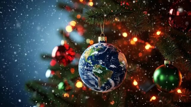 Earth globe Christmas ornament hanging on a festive tree with bokeh lights and falling snow. Global holiday season, peace, unity concept.