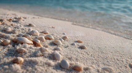Close up of delicate seashells scattered on a serene white sandy beach with gentle clear ocean waves lapping the shore