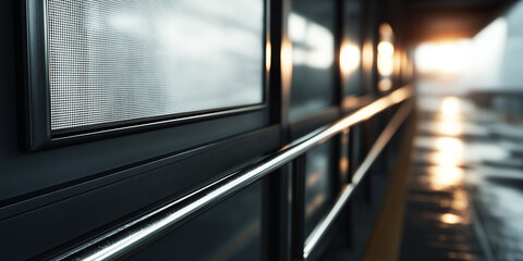 Urban station empty digital display screen with sleek railing reflecting glowing city light