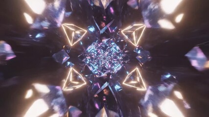 Abstract digital tunnel with colorful geometric shapes and glowing lights. The scene features a vortex of crystals in various colors, creating a mesmerizing effect. - Powered by Adobe