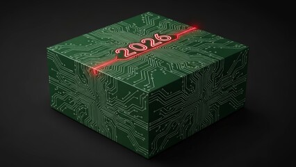 Cube with 2026 text and circuit board pattern.