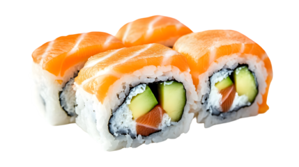 Delicious salmon sushi rolls with cucumber and carrot filling isolated on transparent background